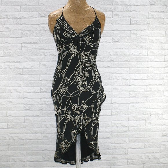 Vintage Y2K RAMPAGE Dress Black Beige Floral Ruffle Cocktail Party Dress Size 3 - Picture 2 of 9